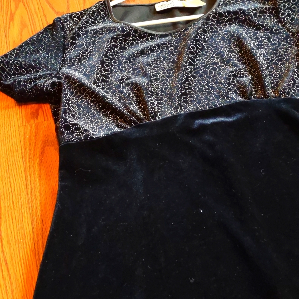 Black mini holiday dress. Velvet dress with glitter bodice.
